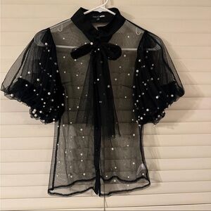 Fashion Nova Black Sheer Blouse with Pearl Accents